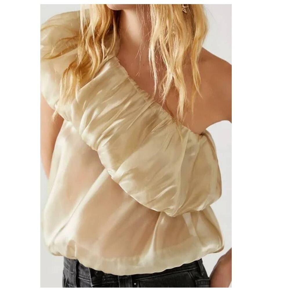 New Free People Rosetta Top $78 X-SMALL Gold SHEER One-Shoulder Shimmery - Picture 3 of 5